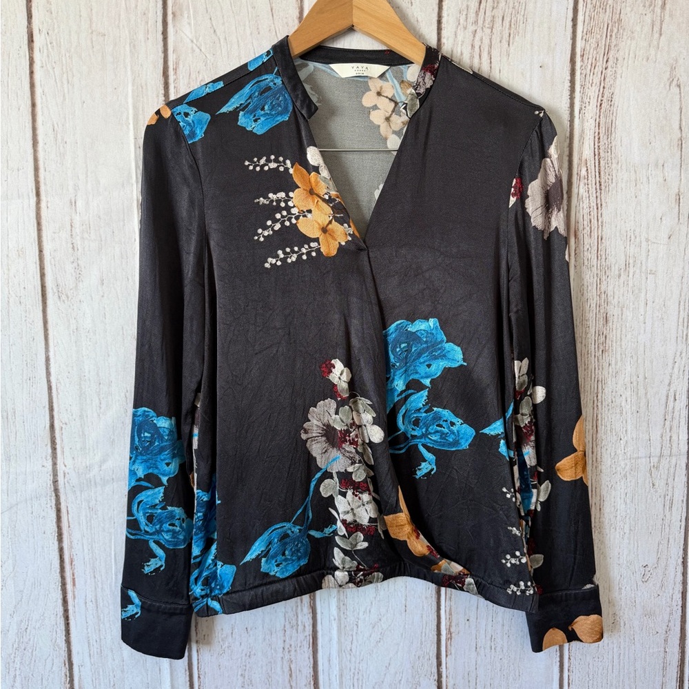 YAYA Women's Floral Faux-Wrap V-Neck Satin Blouse